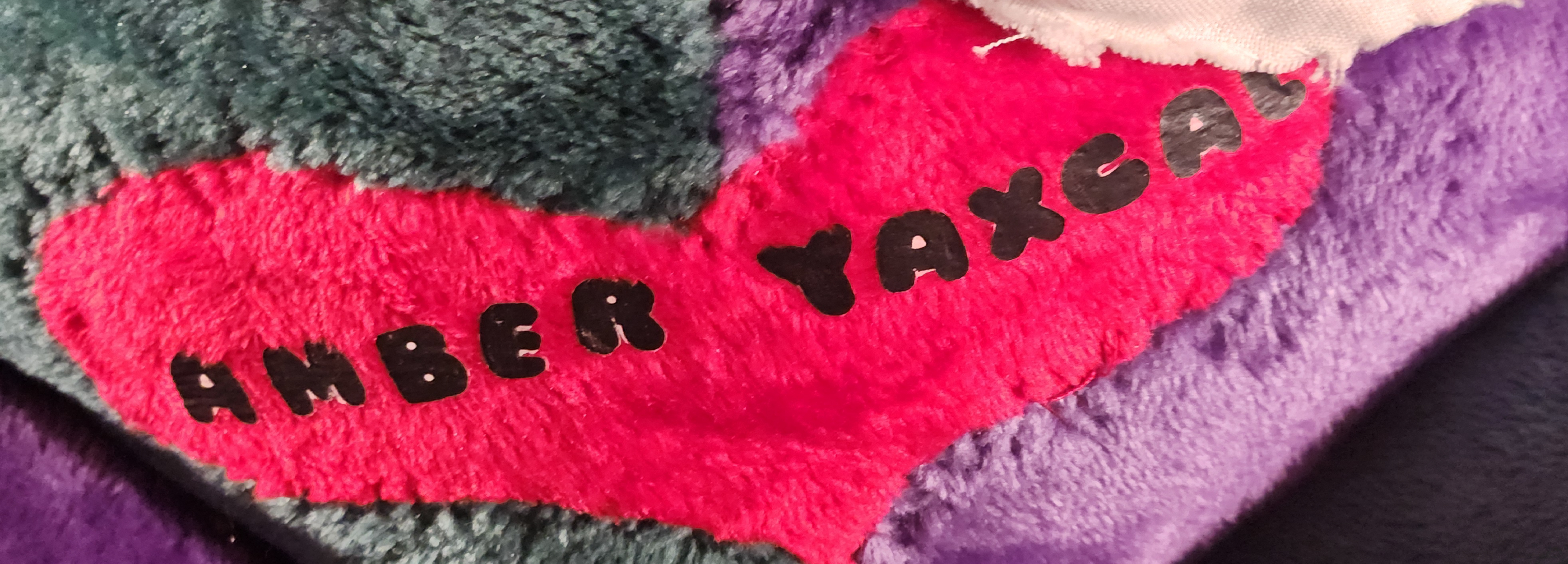 A close image of a plush's belly, green and purple and in the center of the belly has a red heart and in the heart has the name Amber Yaxcal